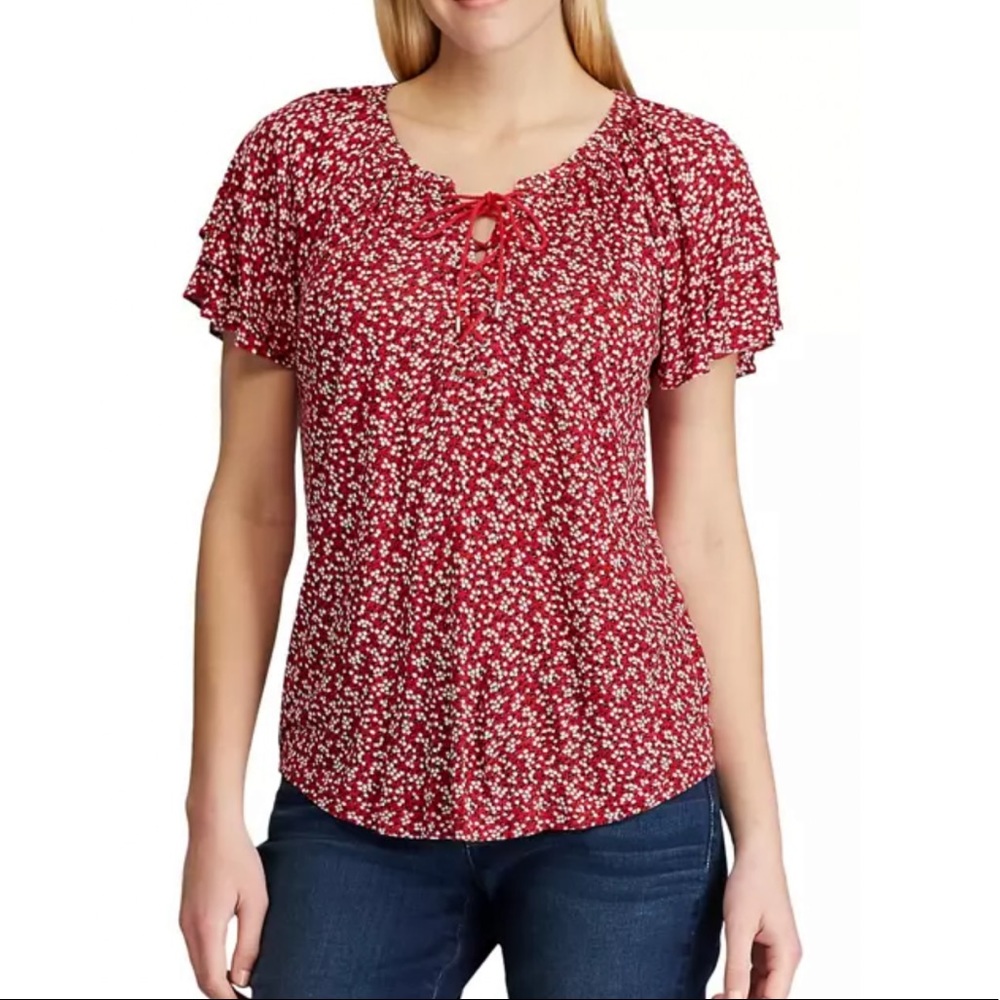 Chaps Women's Short Sleeve Peasant Top Small NWT Red Flower Print Tie Detail